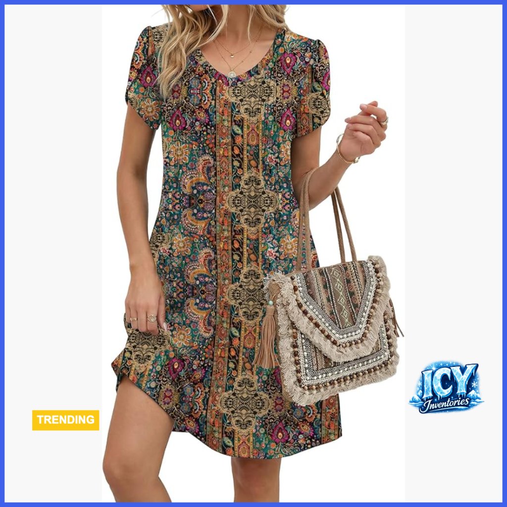 V Neck A Line Floral Sundress Pleated Boho Casual Summer Dress